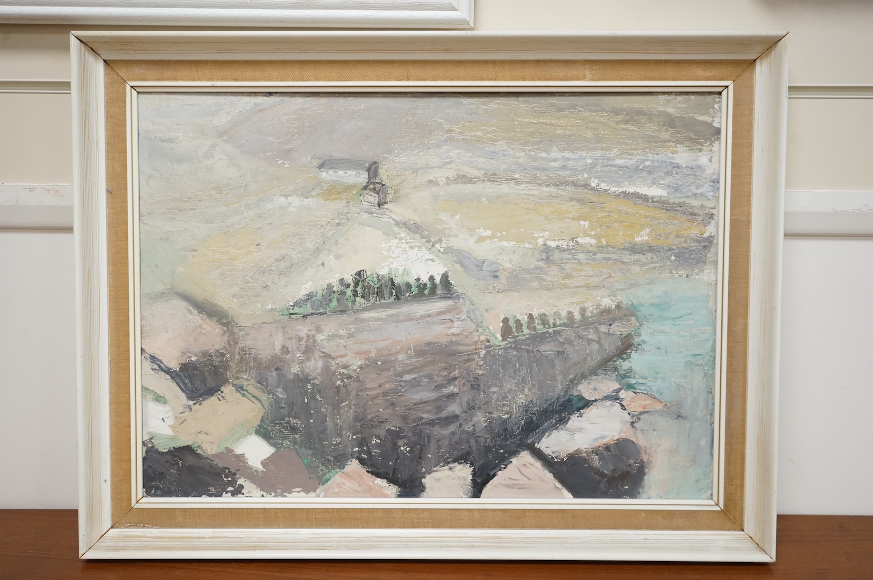 Abstract oil on board, Landscape with cottage, unsigned, 40 x 54cm